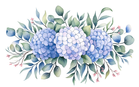 watercolor blue hydrangea flowers and leaves clip art preview