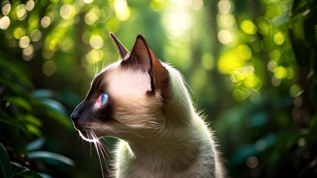 Gato siames looking directly with bright blue eyes in garden setting