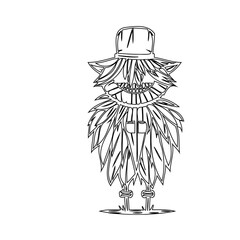 Stylized monochrome illustration of a whimsical straw figure with hat standing