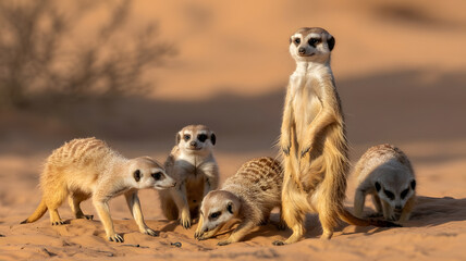 Fototapeta premium Meerkat Family in the Desert A Stunning Wildlife Photograph