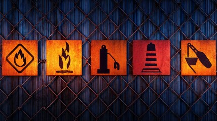 Warning signs displayed on a rusty fence, indicating fire hazards and safety precautions