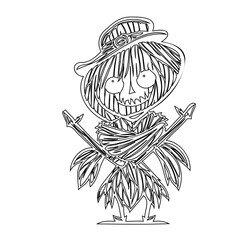 Whimsical scarecrow illustration evoking playful autumnal charm and seasonal cheer