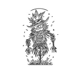 Spooky seasonal scarecrow illustration in black and white linework style