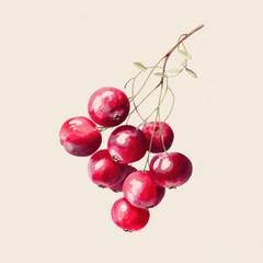 Vintage Cranberry Botanical Illustration: Branch with Red Berries on Cream Background - Antique Style Fruit Print for Decor and Design
