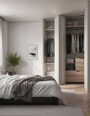 Sleek modern bedroom with walk-in closet, minimalist decor ,  contemporary style,  luxury