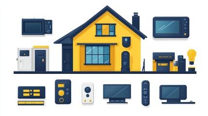 A modern yellow house surrounded by various home appliances and gadgets, depicting a cozy lifestyle