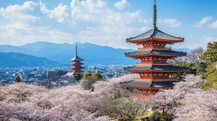 Panoramic view of ancient pagodas amidst spring blossoms and mountains.