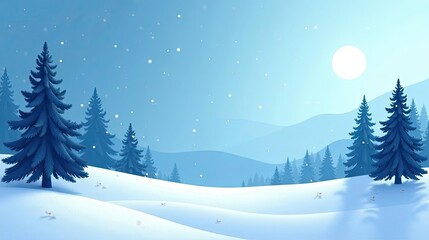 Naklejka premium Serene Winter Landscape Snow-Covered Hills, Majestic Evergreens, and a Gentle Falling Snow Under a Bright Winter Sun
