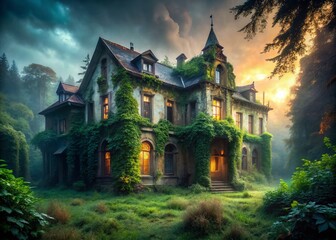 Obraz premium Eerie Abandoned Mansion: Haunting Stillness of Decaying Grandeur