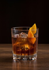 Old Fashioned Cocktail with Orange Peel on Wooden Table