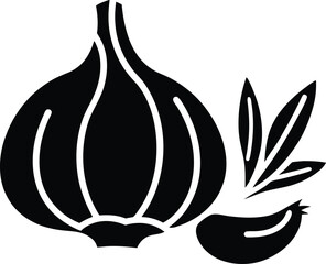 Black and white garlic bulb and cloves silhouette illustration