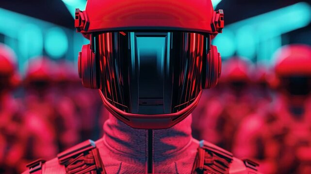 Futuristic Trooper: The image features a close-up view of a futuristic trooper wearing a high-tech helmet, emanating authority and precision in a mesmerizing cyberpunk ambiance.