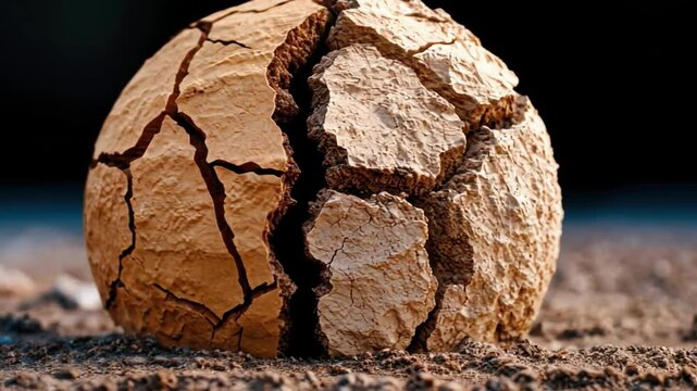 Cracked Earth: A close-up image of a cracked, dry earth ball, showcasing the effects of drought and environmental distress. It evokes a sense of fragility and the impact of climate change.