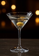 Classic Martini Cocktail with Olive Garnish in Dim Lighting