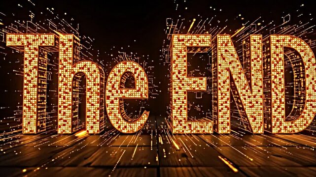 visually striking representation word END bold golden font letters composed numerous small glowing particles that give impression digital futuristic theme word The positionedleft side while END.