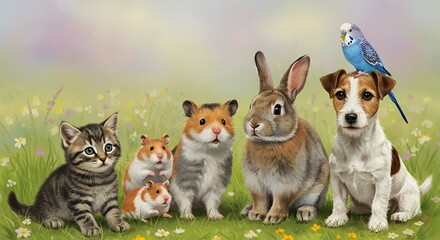 Obraz premium Whimsical Illustration of Kitten Hamster Rabbit Dog and Parakeet Posing Together on Green Lawn with Wildflowers Against a Soft Pastel Sky