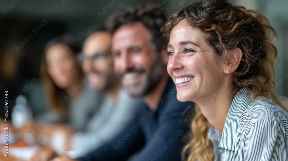 Poster Group of business professionals engage in a brainstorming session at a conference table in a contemporary office. They exchange ideas, smiling and enjoying positive interactions