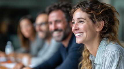 Obraz premium Group of business professionals engage in a brainstorming session at a conference table in a contemporary office. They exchange ideas, smiling and enjoying positive interactions