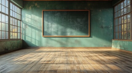 Empty classroom with wooden floor and green walls, sunlight streaming through windows