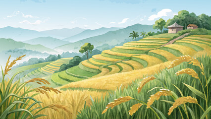 rice field background with terraced greens and gold under bright sky, celebrating Asian agricultural traditions with copy space*