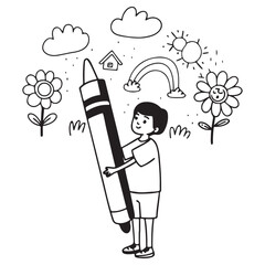 Kid crayon chalk line cloud, flower children sticker set. Hand drawn crayon doodle sketch childish cute element set. 