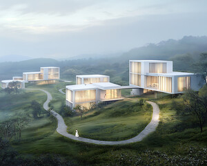 Modern villas on hillside at dusk