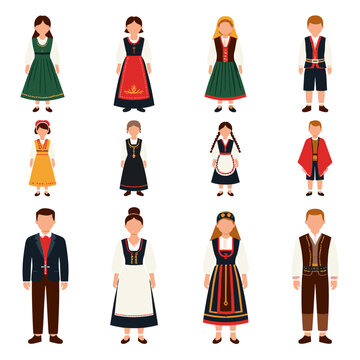 Vector set of traditional Norwegian bunad costumes for men, women, and children