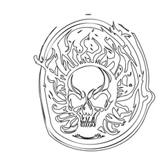 Stylized Skull Surrounded by Flames in a Circular Frame Line Art