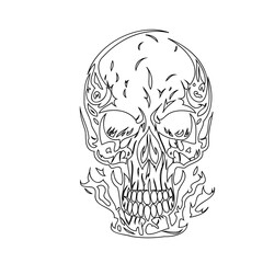 Intricate line art of a stylized skull evoking fire or swirling energy