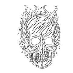 Line art illustration of flaming skull evokes intensity and mortality theme