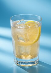 Refreshing Iced Lemon Drink in a Glass on Blue Background