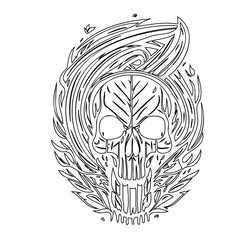 Stylized line art of a skull with botanical and flame-like elements intertwining