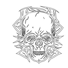Stylized Skull Graphic Art Illustration with Intricate Ornamental Border Design