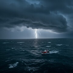 Obraz premium Red Boat Sailing Through a Dramatic Ocean Storm