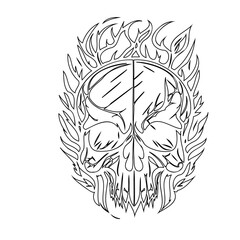 Intricate skull line art surrounded by stylized flames on white backdrop