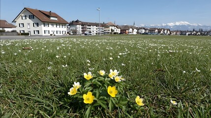 Swiss Village Spring Alpine Flowers  Houses.