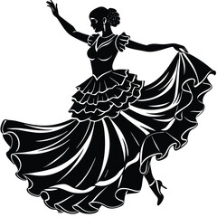 Flamenco Dancer Silhouette Vector Art: Spanish Woman in Traditional Dress Posing