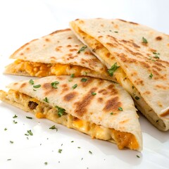 Delicious and cheesy quesadillas on a white plate, garnished with parsley