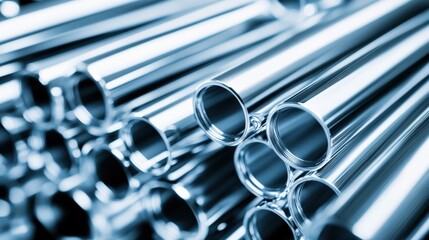 Close-up of shiny metal pipes stacked together, reflecting light in an industrial setting