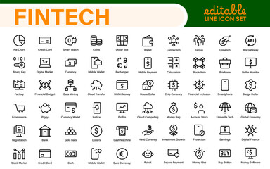 Finance and Technology Icon Collection – Professional Minimalist Line Vector Icons for Cryptocurrency, Mobile Banking, Digital Wallets, and Investments