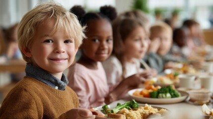 A group of cheerful children are seated at a long table, sharing a nutritious lunch. They are smiling, with colorful food in front of them, creating a joyful atmosphere