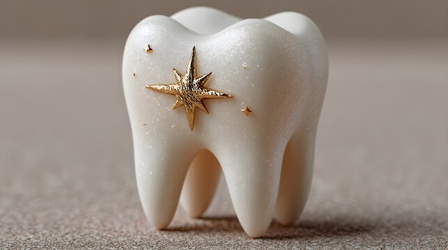 White molar tooth with a tiny gold star on top, soft light and pastel cream background, minimal success or reward concept