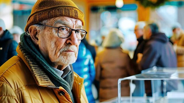 Senior man at polling station during election day in winter clothing. Concept of civic participation, elderly voter, democratic process, local voting place