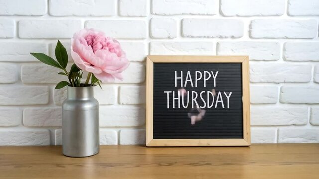 Happy good morning thursday with flower in vase and chalk signboard