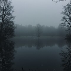 Fototapeta premium Misty Lake Reflection in a Dark Autumn Forest
