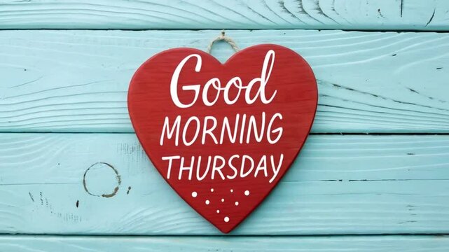Heart shaped sign with good morning thursday on blue wood background