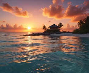 Vibrant Maldives sunset, fiery sky reflects on tranquil ocean, sun, purple