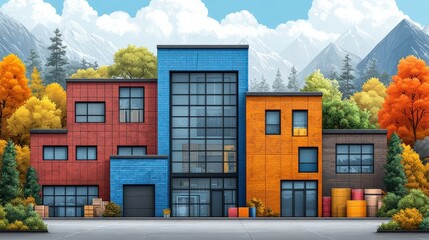 Colorful modern buildings surrounded by autumn foliage and mountains under a clear sky