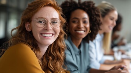 Obraz premium A group of happy multi ethnic business women engages in a collaborative discussion within a contemporary office space. Their smiles reflect positivity and teamwork