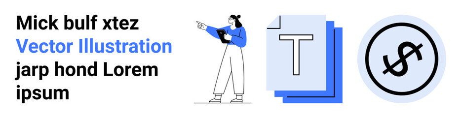 Character holding clipboard pointing to text, with layered typography and financial icon. Ideal for design, typography, presentations, education, finance, creativity, simple landing page